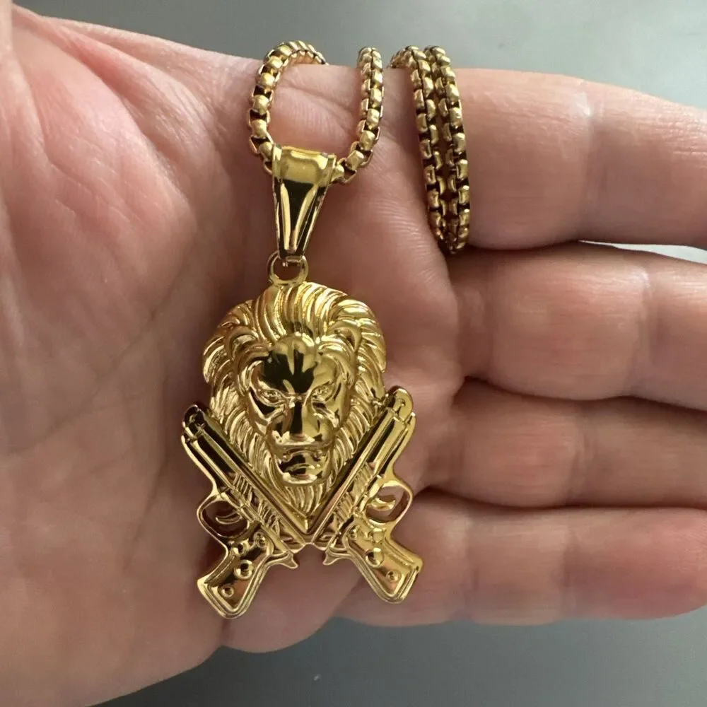 Double Gun Lion Tiger Pendant Stainless Steel 24 Inch Chain Gold Hunter Hip Hop